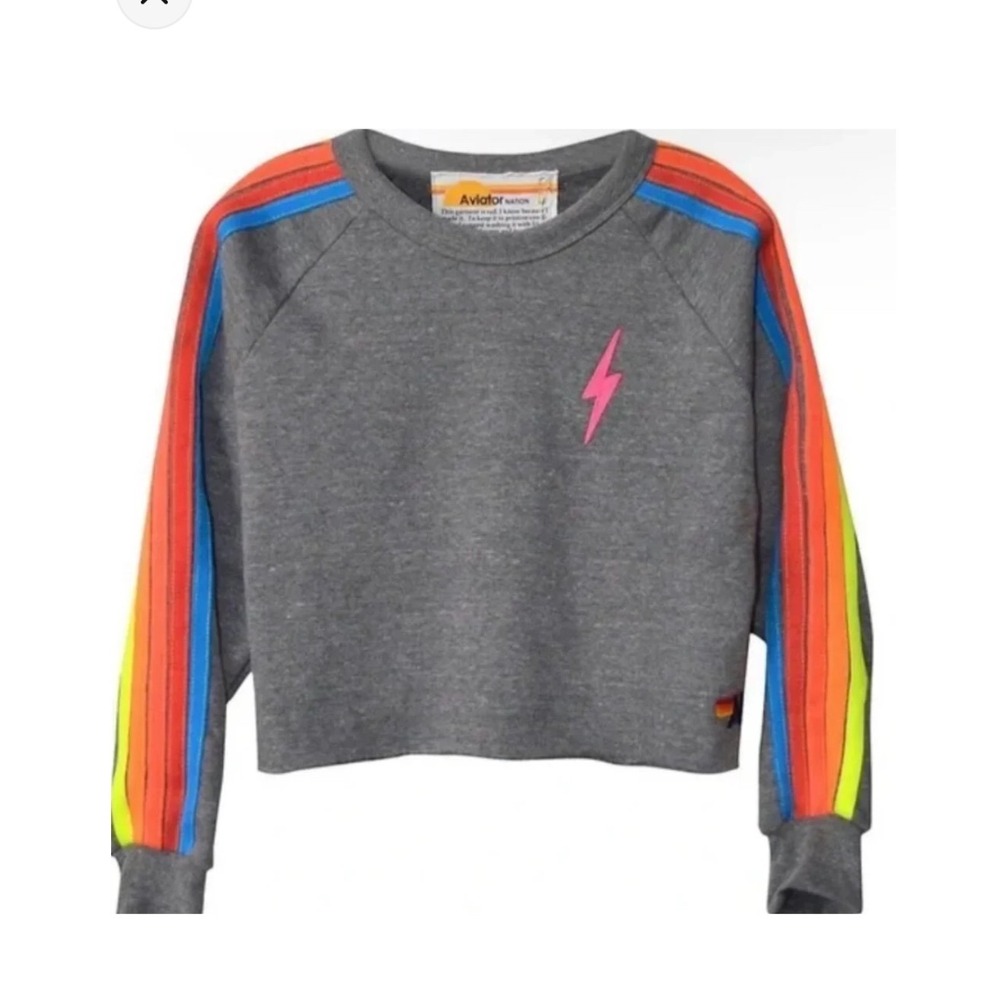 Aviator Nation Heather Gray Neon Rainbow Stripe Lightning Bolt Crop SweatshirtXS